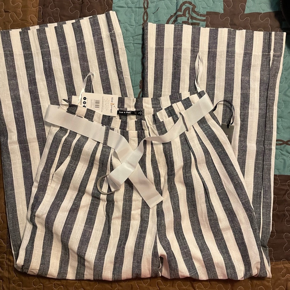 Doe & Rae Black and White Striped Pants with Belt